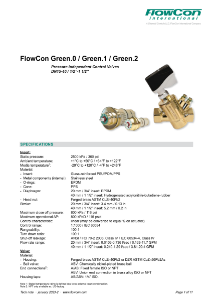 FlowCon Green.0/ Green.1/ Green.2 Pressure Independent Control Valves (DN15–40)