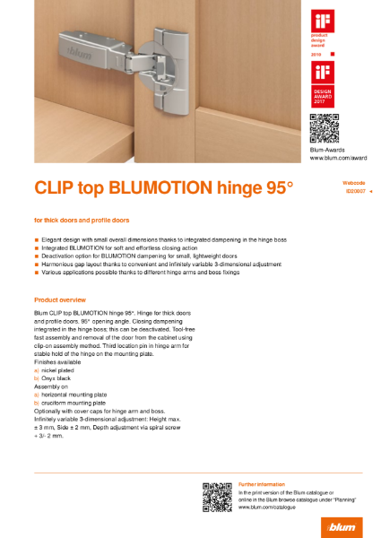 CLIP top BLUMOTION 95 Degree Hinge for Profile Thick Doors Specification Text