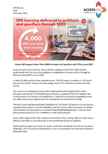 Access 360 Supports More Than 4,000 Architects and Specifiers with CPDs across 2023