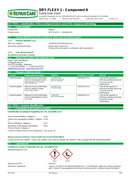 Dry Flex 1 Component A Safety Data Sheet