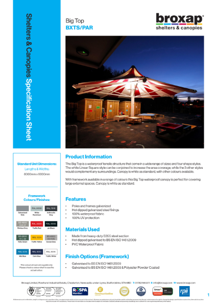 Big Top Fabric Canopy Specification Sheet