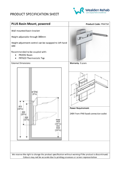 PLIS Basin Mount, Powered - Product Specification Sheet