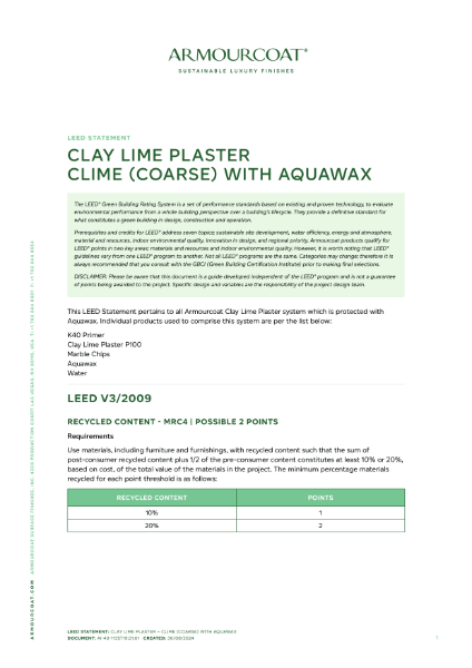 Armourcoat Clay Lime Plaster Clime Coarse - LEED Statement