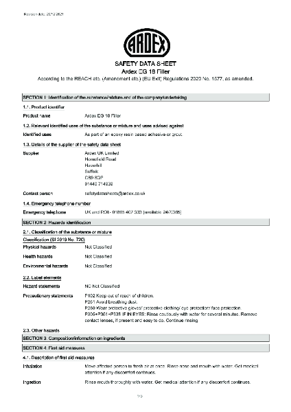 ARDEX EG 18 FILLER Safety Data Sheet
