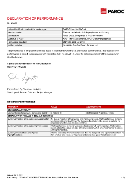 PAROC Hvac Mat AluCoat - DoP