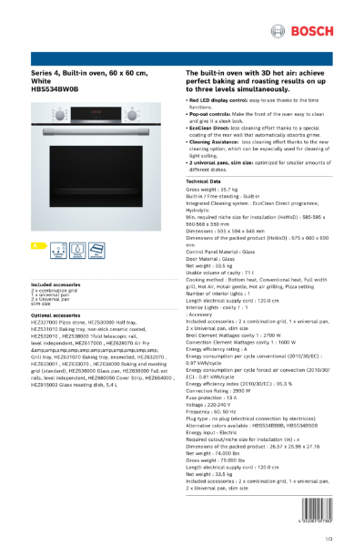 Series 4, Built-in oven, 60 x 60 cm,
White
HBS534BW0B