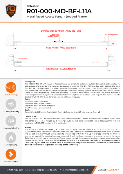 Datasheet - Slim Fit Access Panel Non Fire Rated Beaded Frame