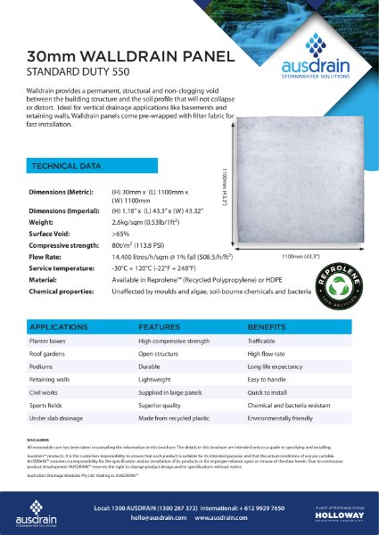 Walldrain 1100mm Technical Data Sheet