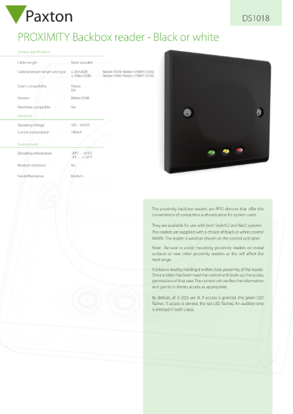 Net2 Proximity Backbox Reader - data sheet