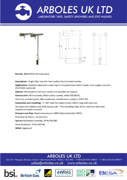 Arboles UK Two Way Pillar Bib Tap Cold Water