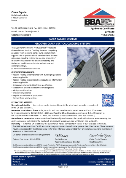 BBA Carea Grooved vertical cladding system certificate 07/4429 Product Sheet 2