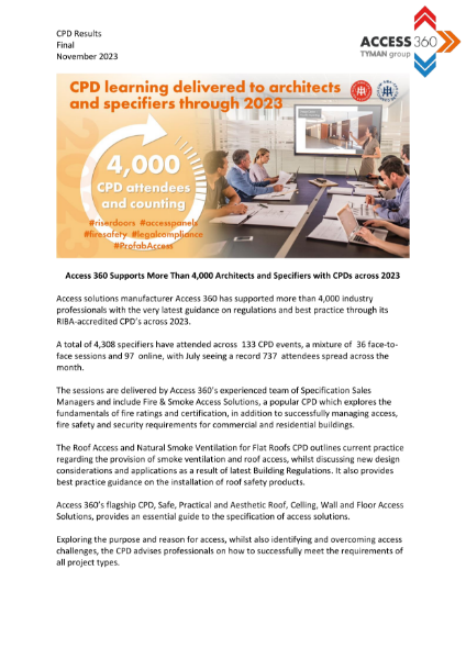 Access 360 Supports More Than 4,000 Architects and Specifiers with CPDs across 2023