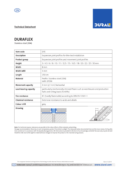 DURAFLEX Stainless steel (304) Technical Datasheet