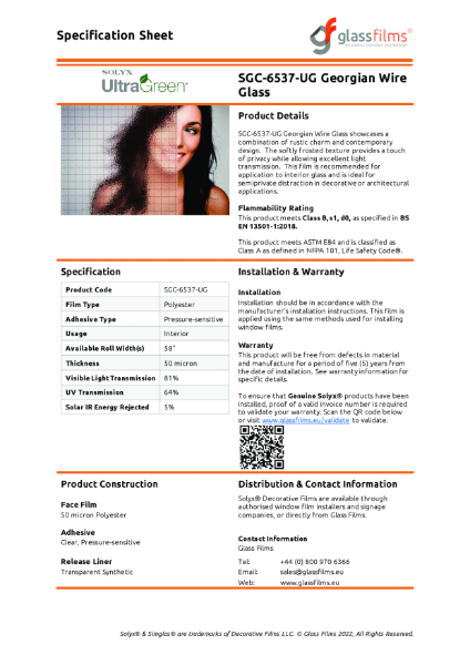 SGC-6537-UG Georgian Wire Glass Window Film - Product Data Sheet