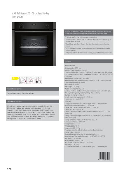 Single oven Slide and Hide door Graphite grey trim N50 B3ACE4HG0B, Datasheet