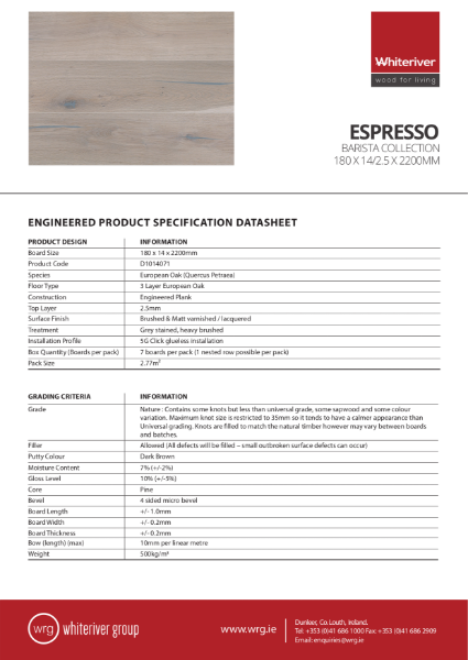 180 x 14 x 2200mm Barista Espresso Plank Spec Sheet