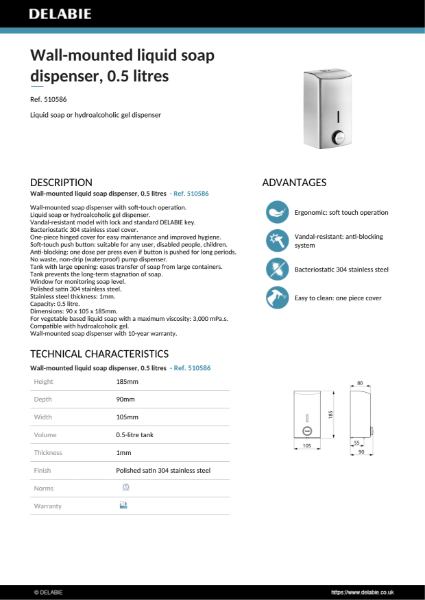 Push-Button Soap Dispenser - Polished Satin, 0.5 Litre Product Data Sheet