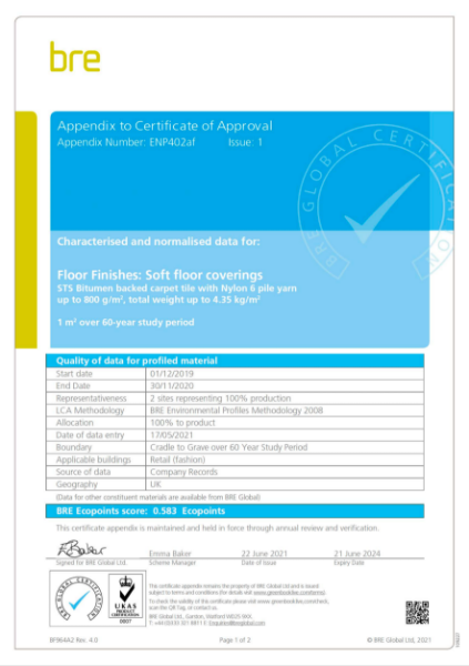 BRE certificate for Hyperloop Carpet Tiles | Likewise Floors | NBS Source
