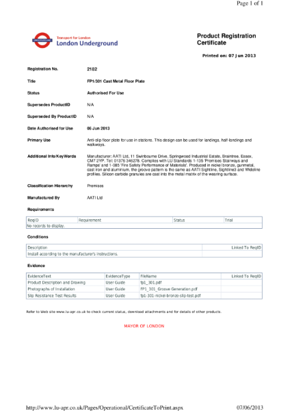 AATi certificate for AATi Anti-slip Floor Landing Plate ref FP1 301