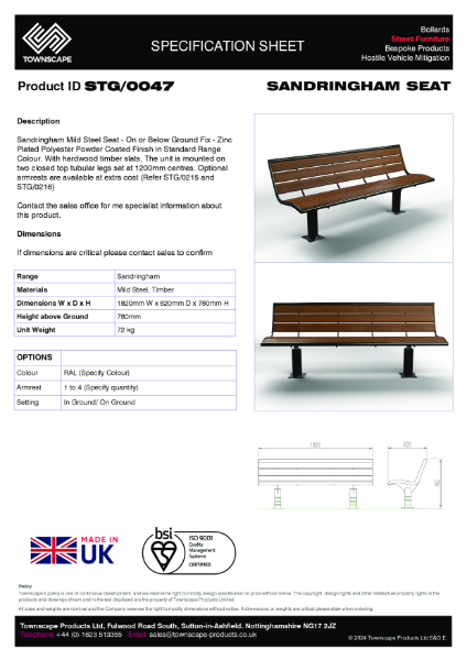 Townscape Sandringham Mild Steel Seat Specification Sheet STG/0047