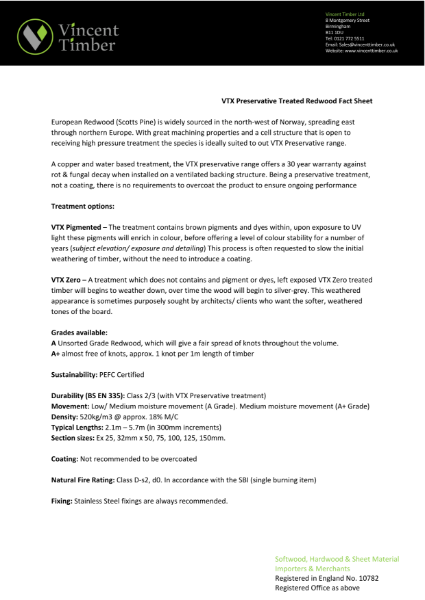 VTX Preservative Treated Redwood Timber Cladding Data Sheet