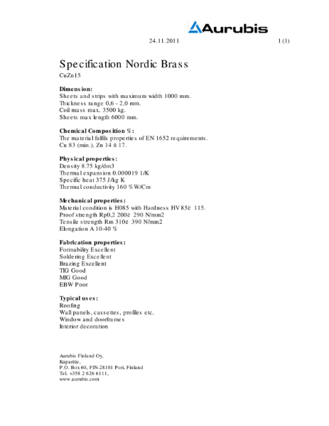 Specification Nordic Brass