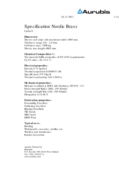 Aurubis - Specification Nordic Brass