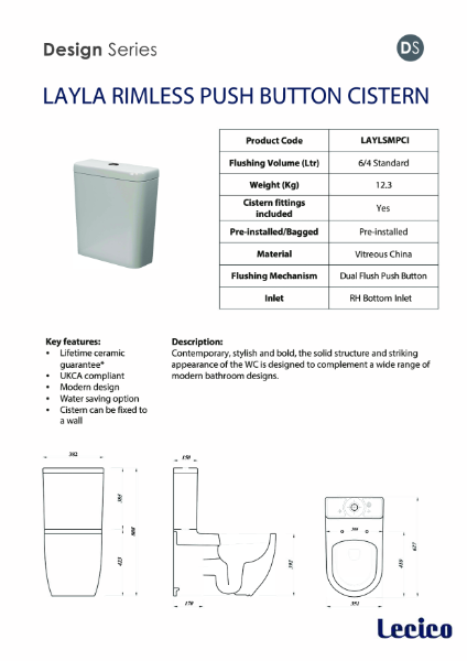 LAYLA RIMLESS PUSH BUTTON CISTERN