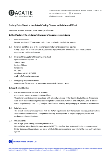 Dacatie Fire Rated Insulated Cavity Closers -  Safety Datasheet