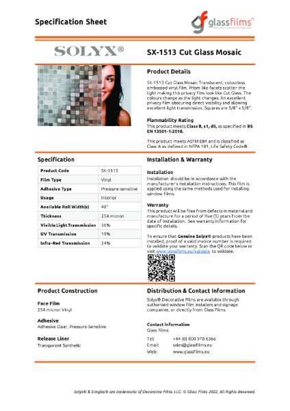 SX-1513 Cut Glass Mosaic Specification Sheet