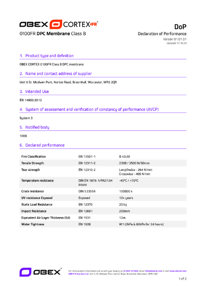 OBEX CORTEX 0100FR Class B DPC/DPM Membrane - DoP