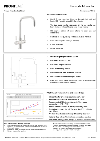 PT1112 Pronteau Prostyle (Brushed Nickel), 3 in 1 Steaming Hot Water Tap - Consumer Spec