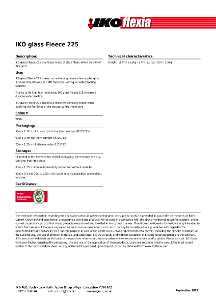 Technical Data Sheet (TDS) - IKO Glass Fleece 225