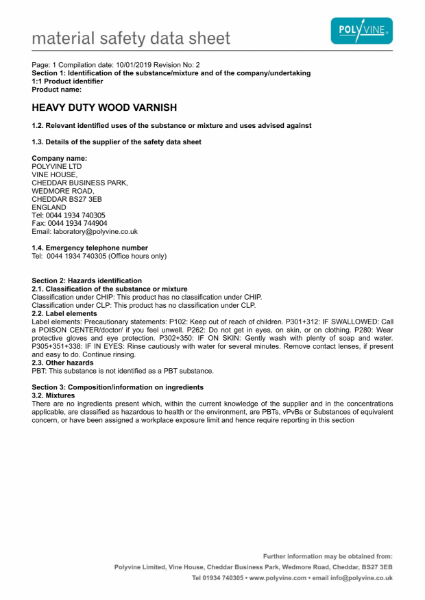 Heavy Duty Wood Varnish Material Safety Data Sheet