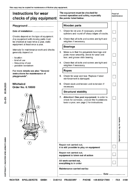 TImberplay Rotating/ Roundabout - Whirlwind - Maintenance Instructions