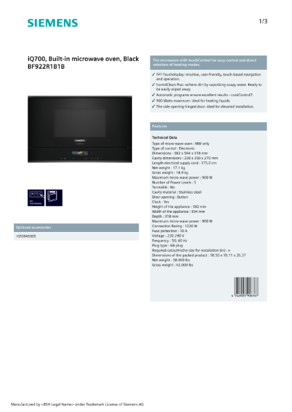 iQ700, Built-in microwave oven, Black BF922R1B1B