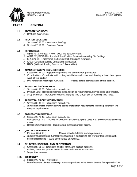 PRODUCT SPECIFICATION - SPUN ALUMINUM VALUE DRAIN