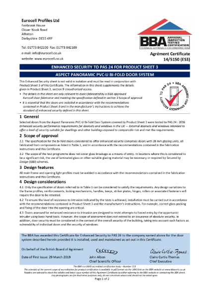 Aspect PVC-U Bi-Fold Door BBA Certificate Enhanced Security 14/5150 (ES3)
