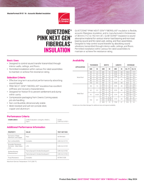 Pink Next Gen QuietZone Acoustic Insulation Data Sheet
