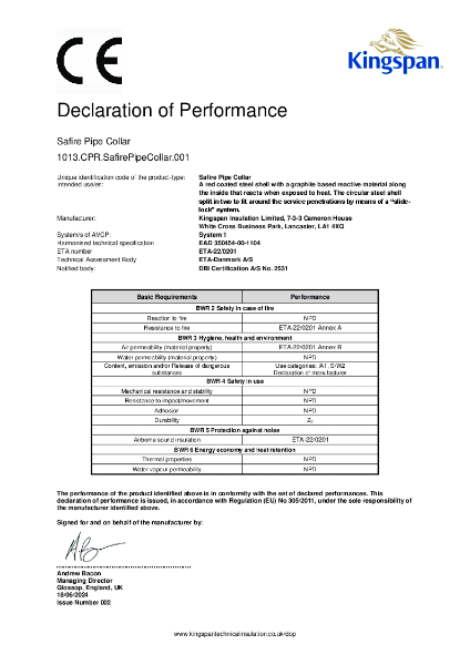 Kingspan Safire Pipe Collar Declaration of Performance (Issue 2)