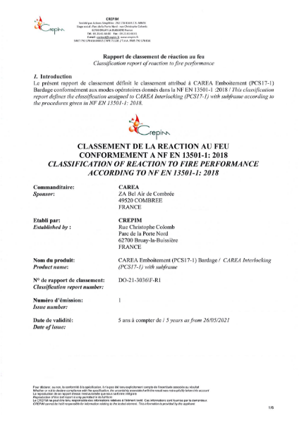 Classification of Reaction to Fire Performance in Accordance to NF EN 13501-1 (ALPHA / AQUILA - CWB)