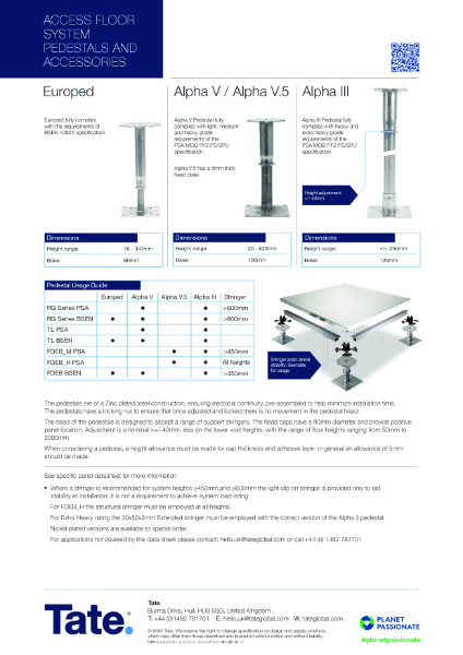 Tate Raised Access Flooring Pedestals Datasheet