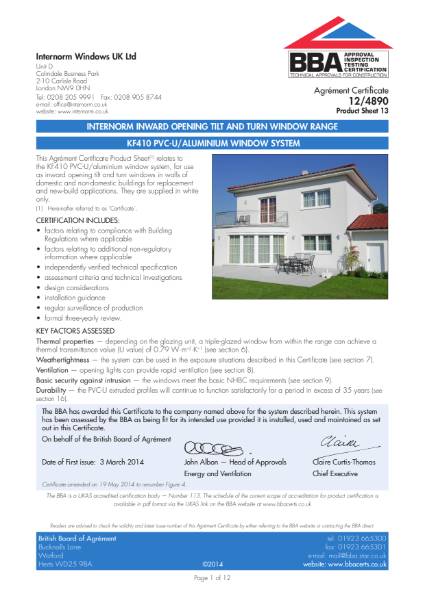 12/4890 BBA Certification Internorm KF410 Upvc frame aluminium clad window.