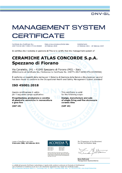Atlas Concorde Management Certificate ISO 45001:2018