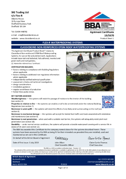 ClassicBond Non-Reinforced EPDM BBA Certificate