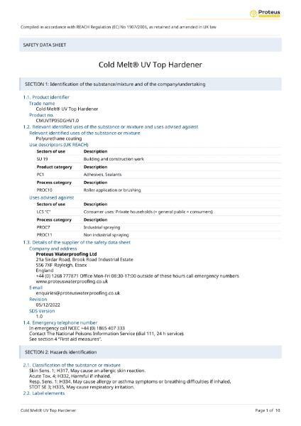 Safety Data Sheet - Cold Melt® UV Top (Hardener)