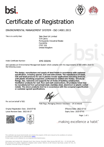 Catnic ISO 14001 Certification