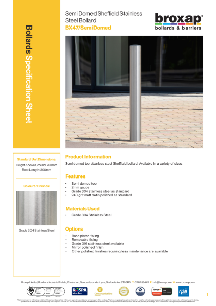 Stainless Steel Sheffield Bollard Specification Sheet