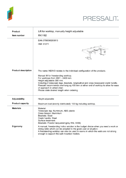 RK1182 - Freestanding lift for kitchen worktop, manually operated – Product Data Sheet