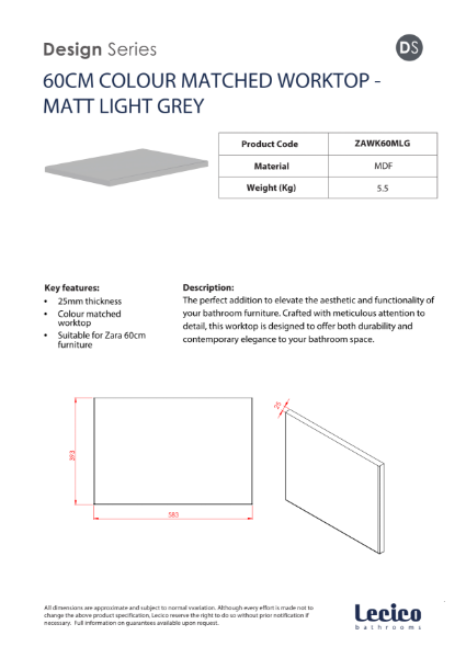 Zara 60 cm Width 18 mm Worktop - Matt Light Grey